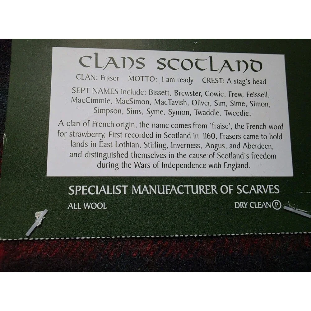 Clans Scotland Scarf Fraser Hunting Tartan 100% Lambs Wool Clan Stag Head NWT